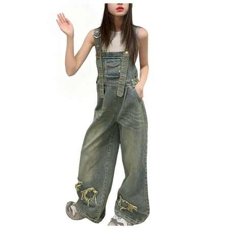 Splozh Summer Jumpsuit Girls Denim Overalls Wide Leg Adjustable Big Kids Overall Baggy Boys Y2K Jean Jumpsuits with Pockets Grey 7-8 Years