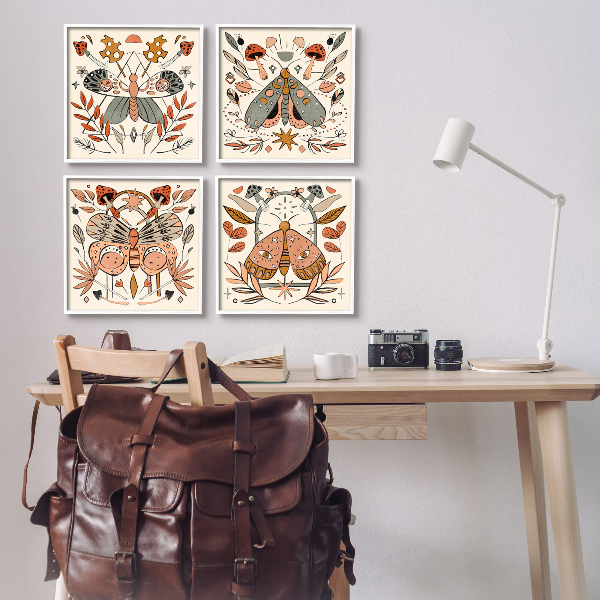 Stupell Industries Cottage Moths & Mushrooms Animals & Insects Painting White Framed Art Print Wall Art, 17 x 17, Set of 4