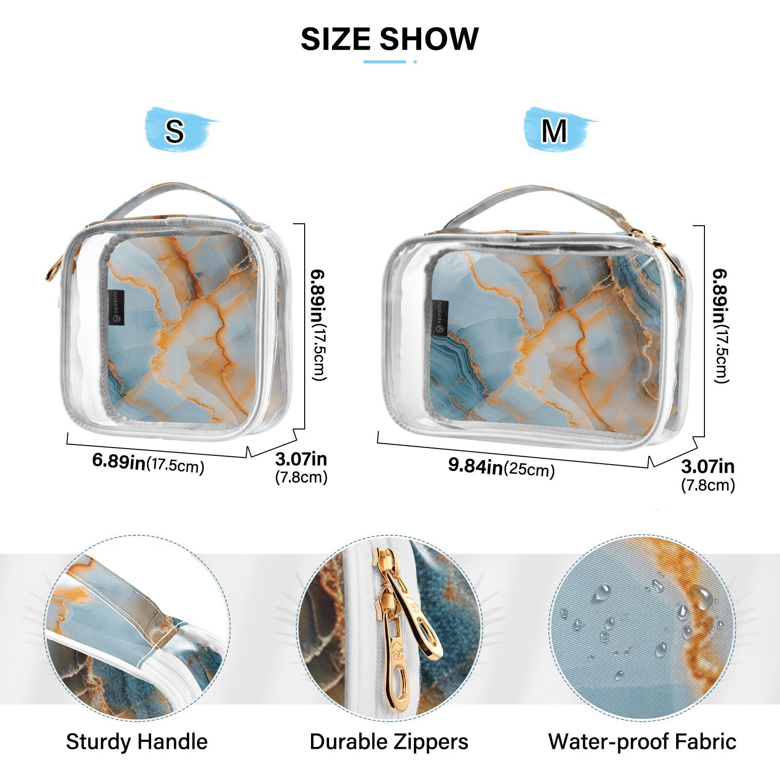 Clear Makeup Bags with Handle Large Opening 2 Pack Set Toiletry Bag Quart Size Bag, for Women Man Traveling Travel Essentials, Toiletries and Other. Marble Pattern Blue Gold