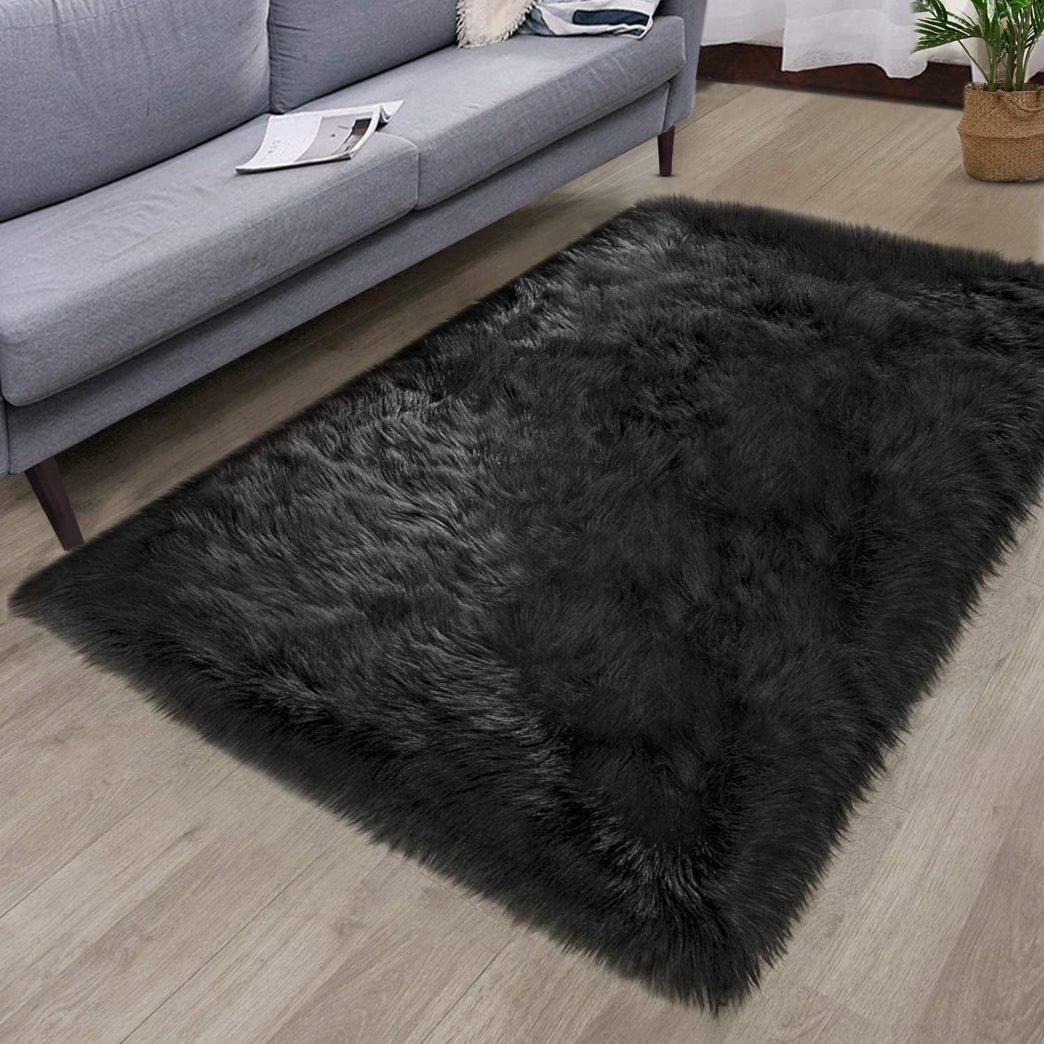 Buythrow Faux Sheepskin Fur Area Rug Black,2.3x5 Feet Rectangle, Fluffy
