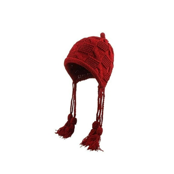 Women Winter Knitted Ear Protection Hat Tassel Warm Handmade Knitted Ski Beanie Hat Windproof Hat Without Lining