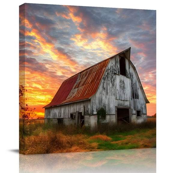 Wall Art Prints, Farmhouse Orange Gold Framed Canvas Prints for Bedroom Living Room Bathroom Office, Country Vintage Shabby Barn Gallery Wrap Wall Art Poster for Gifts Home Decor 16"x16"