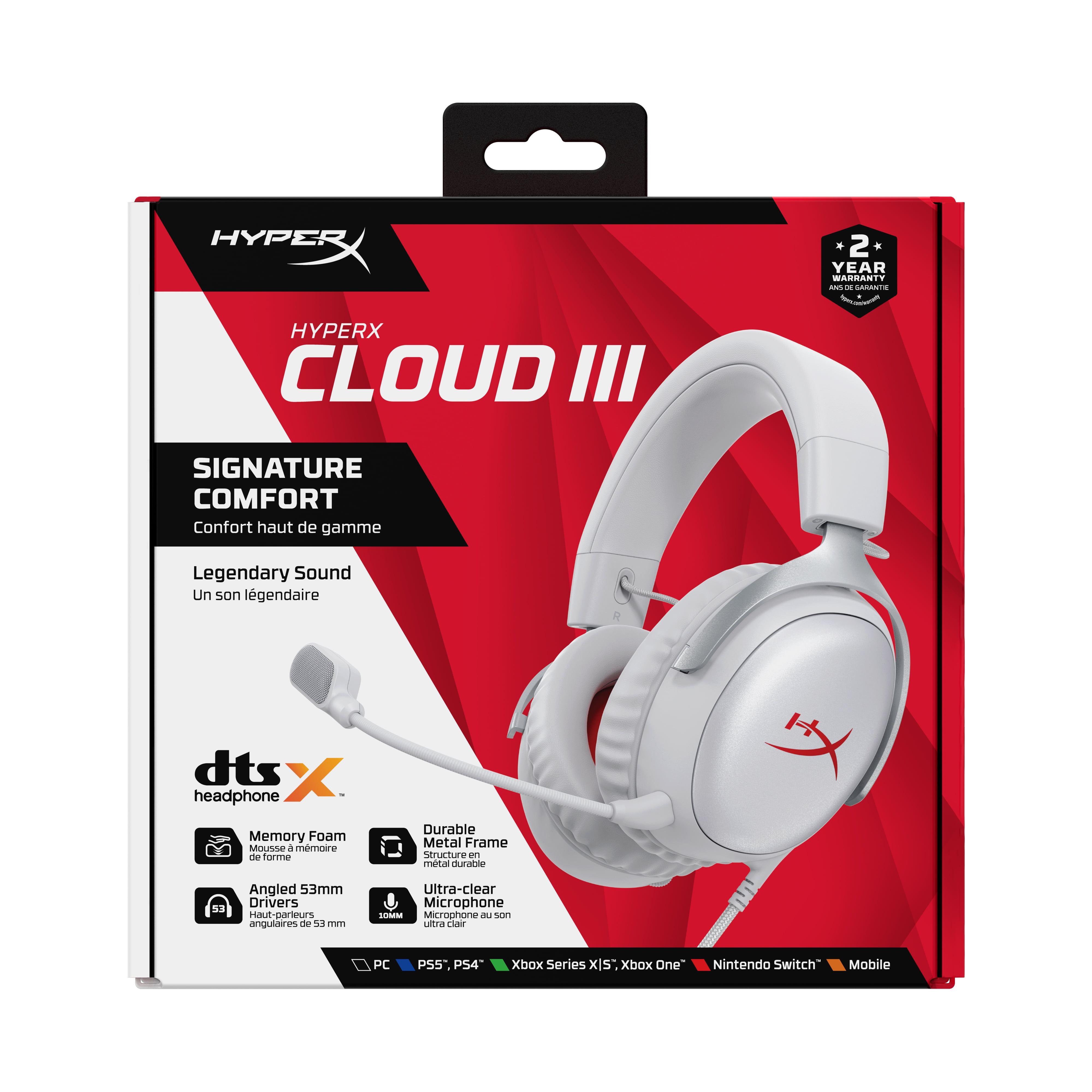 HyperX Cloud III – Wired Gaming Headset, PC, PS5, Xbox Series X|S, Angled 53mm Drivers, DTS Spatial Audio, Memory Foam, Durable Frame, Ultra-Clear 10mm Mic, USB-C, USB-A, 3.5mm – Gray/Red
