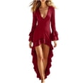 thumbnail image 2 of HBYJLZYG Women's High-Low Ruffle Dress with Deep V-Neck and Flared Bell Cuffs, Long Sleeve Asymmetrical Hem Party Gown for Halloween, Holiday, and Festival Events, 2 of 9