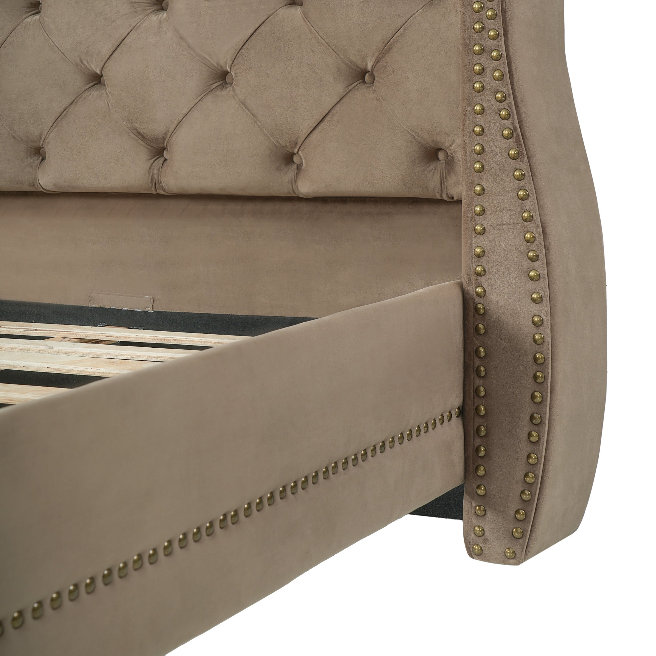 Christopher Knight Home Velvet Upholstered Bed Frame with Thick Tufted Wingback Headboard, King Size, Brown
