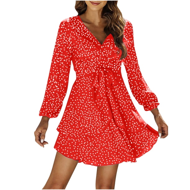 Vestidos Para Mujer Vestidos de Otoño de Moda Volantes Irregulares Estampado de Lunares Mangas Largas Con Cuello en V Vestido de Tiras Odeerbi ODB132269