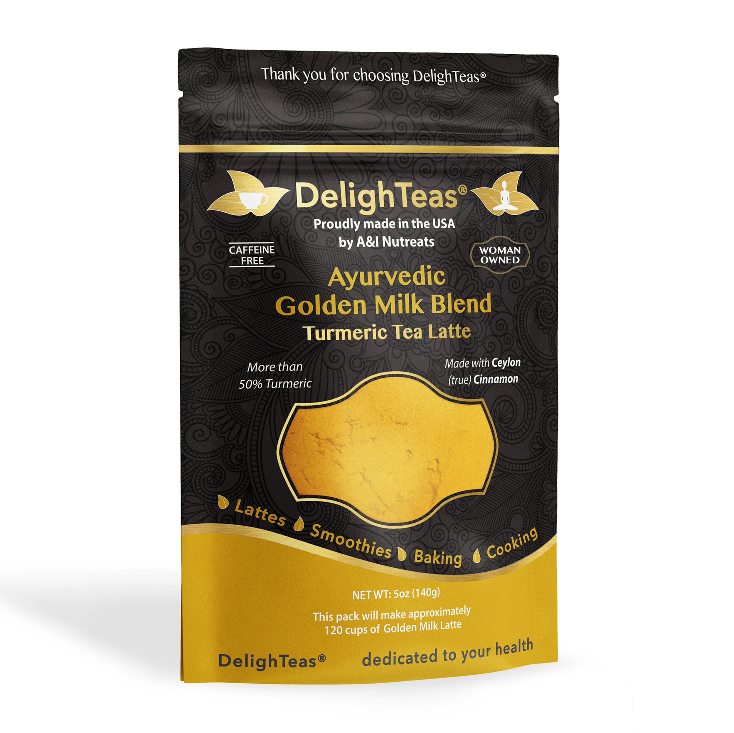 DelighTeas Ayurvedic Golden Milk Blend Powder; Anti-Inflammatory blend with Organic ingredients (5 Oz, 120 servings)