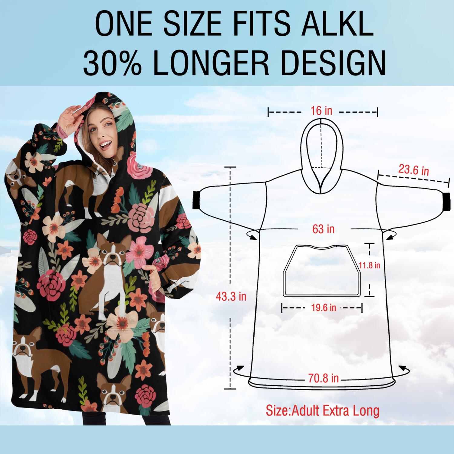 Oversized Wearable Blanket Hoodie,Boston Terrier Dog with Pioneer Flower Sherpa Blanket Hoodie with Super Pockets,Super Warm Fuzzy Pullover for Women & Men