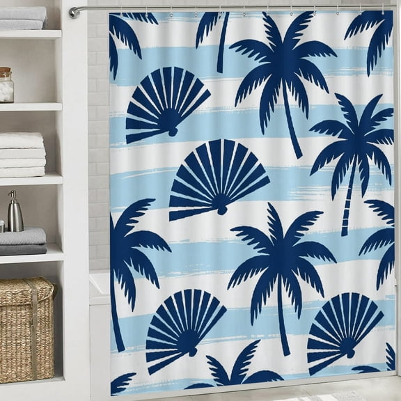 PRATYUS Blue Palm Leaves Waterproof Shower Curtain 70.8x70.8 Inches for Home Bathrooms White