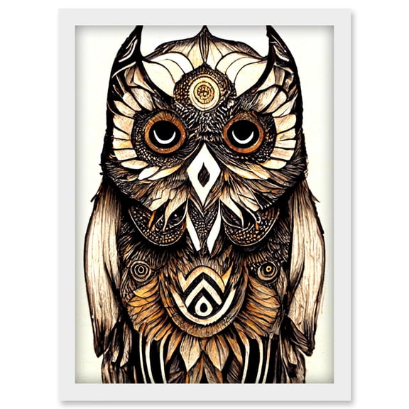 Tribal Pattern Owl Feather Patterns Spirit Animal Illustration Monochrome Artwork Framed Wall Art Print A4
