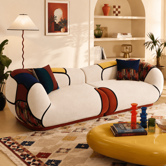 105" Oversized Modern Curved Sofa, 4-Seat Chenille Couch for Living Room Apartment, Minimalist Boneless Sectional Floor Lounge Couches with Bohemian Style Pillows, No Assembly