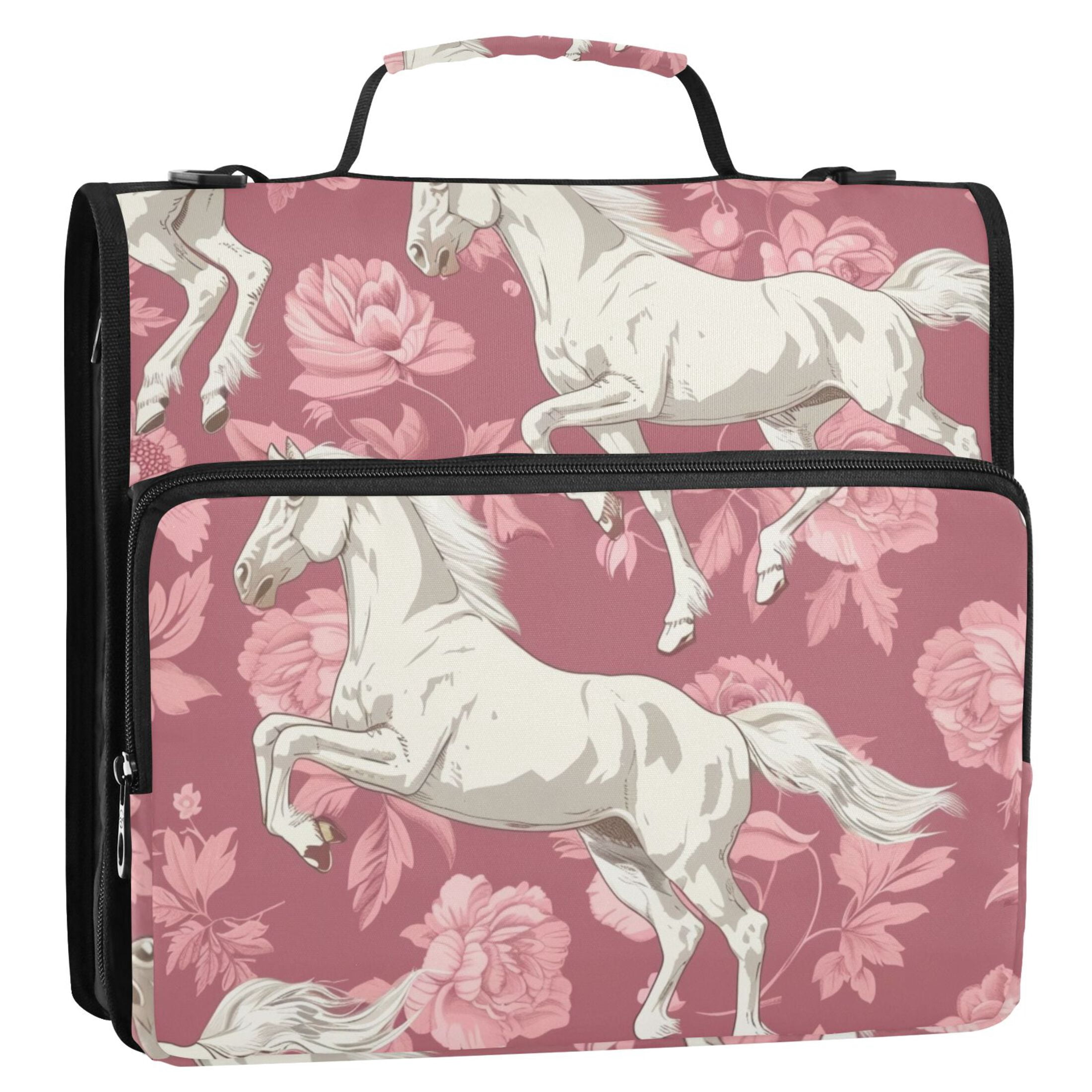 ALAZA Zipper Binder Horse and Flowers 3 Ring Trapper Keeper File Folder Organizer Bag