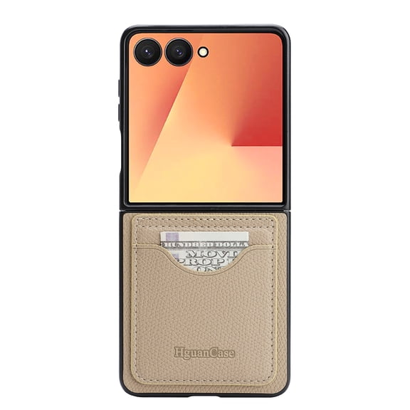 Protective Wallet Case for Samsung Galaxy Z Flip 8, Classic PU Leather TPU Magnetic Detachable Cover with Card Slots Cash Pocket Kickstand RFID Blocking Wrist Strap, Apricot