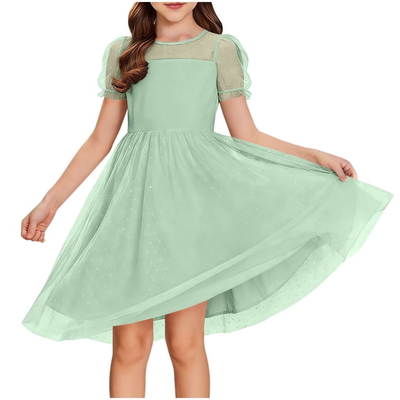 Makaor Birthday Party Dresses for Girls Ball Gown Dress Mesh Polka Dot Short Sleeve Wedding Guest Dresses Empire Waist Formal Dresses