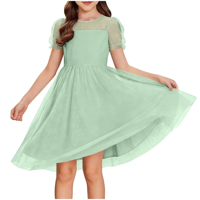 Vestido Largo Casual Vestido Casual de Polka de Moda para Niños con Falda de la Princesa de Manga Corta de Malla Y Falda de Gasa de Malla Vestido de la Princesa Del Bebé