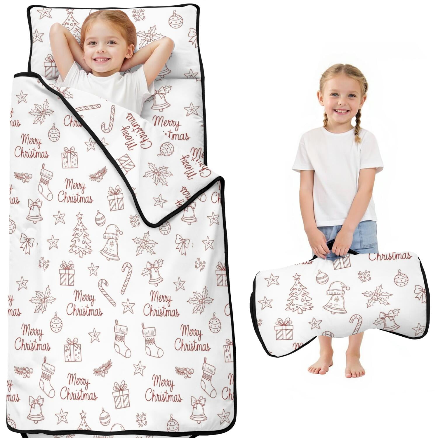 Christmas Sketch Gift Bell Text Pattern Kids Nap Mat All-in-One Nap Pad with Handle & Fastening Straps Soft Skin Friendly Gifts for Daycare Preschool 51 x22