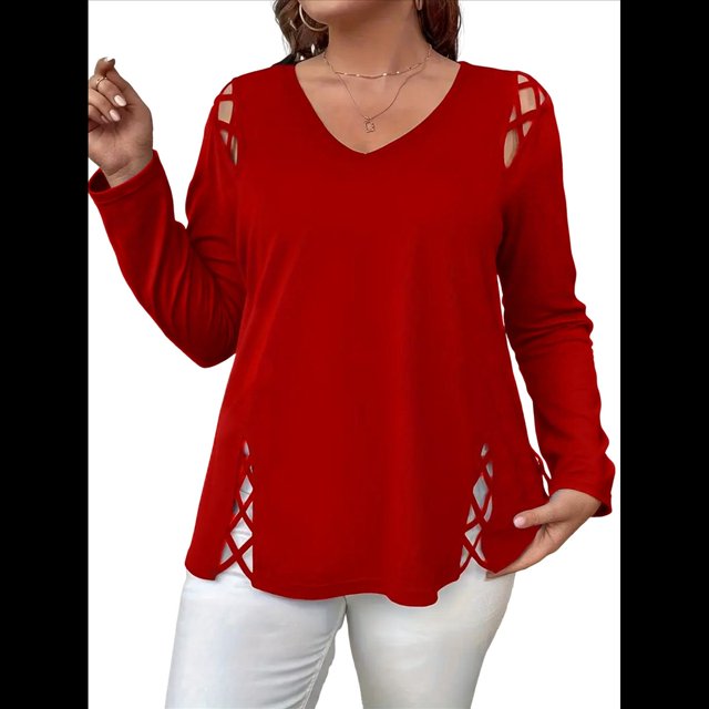Blusas de Verano para Mujer con Hombros Descubiertos, Camisetas de Larga, Blusas con Diseño de Tiras Cruzadas y Aberturas Rojo 4XL