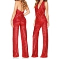 thumbnail image 5 of Women's Sequin Jumpsuit, Cowl Neck Halter Backless Romper, Sleeveless Wide Leg Jumpsuit for Women, Glittery Party Wear, Club Outfit, Prom Dress, Date Night and Special Occasions-Red, 5 of 5