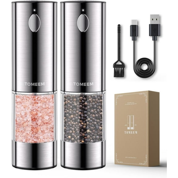 Electric Salt and Pepper Grinder Set Rechargeable with LED lights, Stainless Steel Automatic Pepper and Salt Grinder Refillable with 5 Adjustable