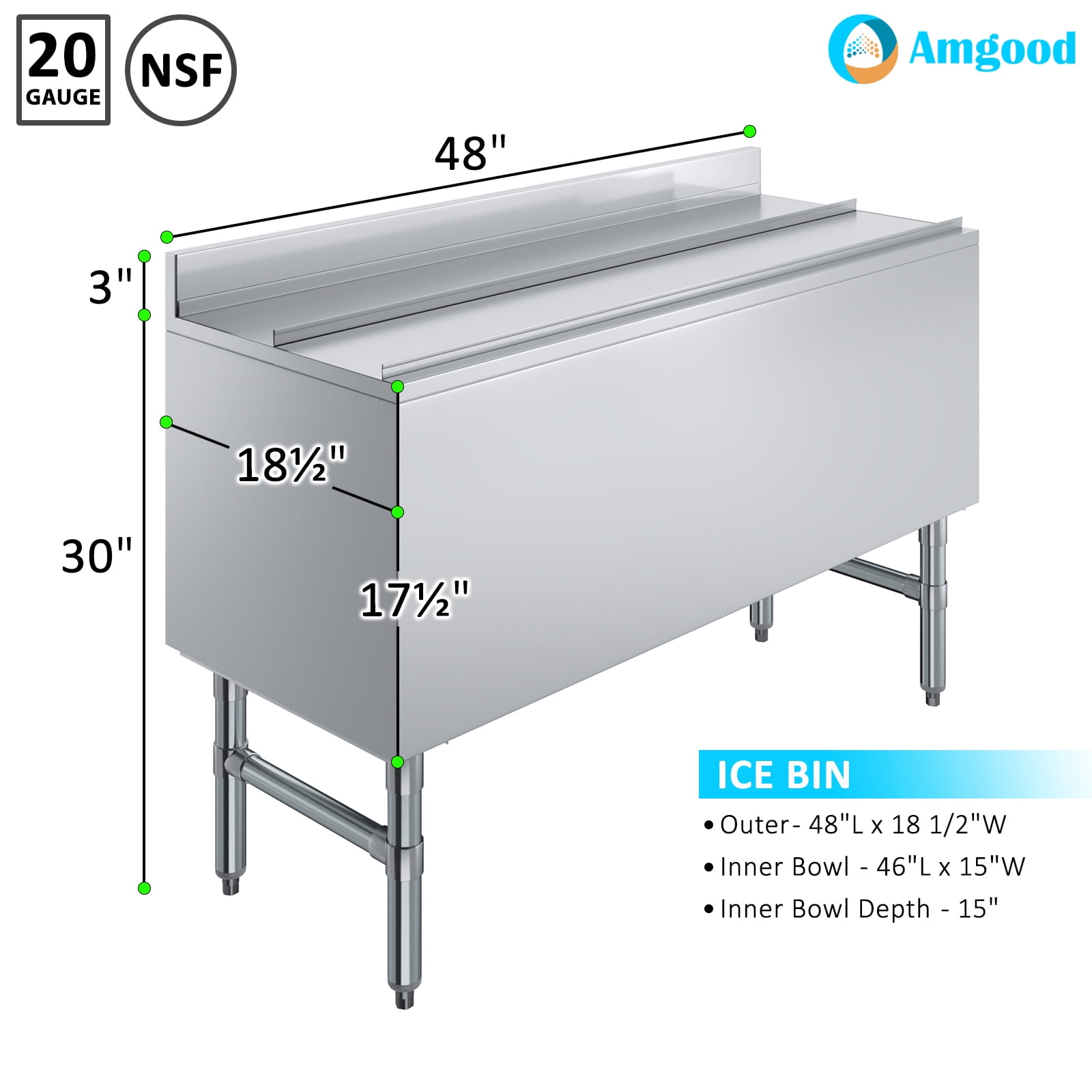 AmGood Underbar Ice Bin 18.5 in. x 48 in. x 30 in. | Stainless Steel Ice Chest With Sliding Lid | NSF