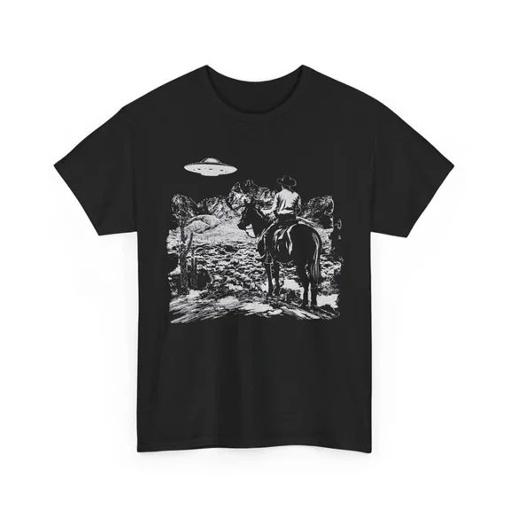 Cowboy Shirt, Ufo Scene T-Shirt S-5XL, Alien Graphic Tee, Cosmic Style For All