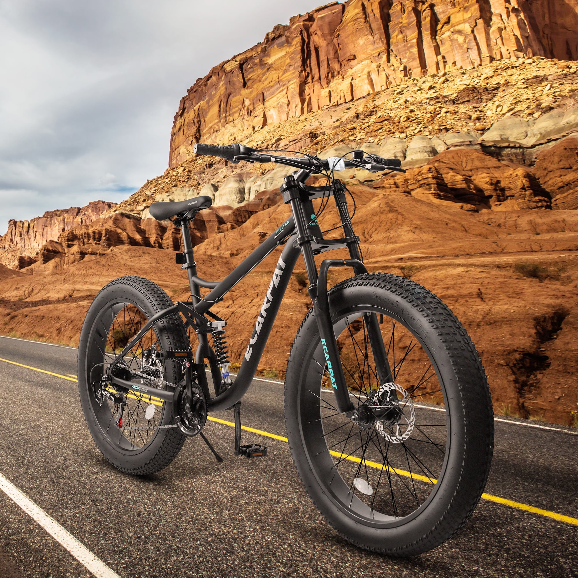 26 Inch Fat Tire Mountain Bikes for Adults, Full Suspension 21 Speed Mountain Bicycle, 4-Inch Wide Fat Tire for Mens Womens Bicycles, Black