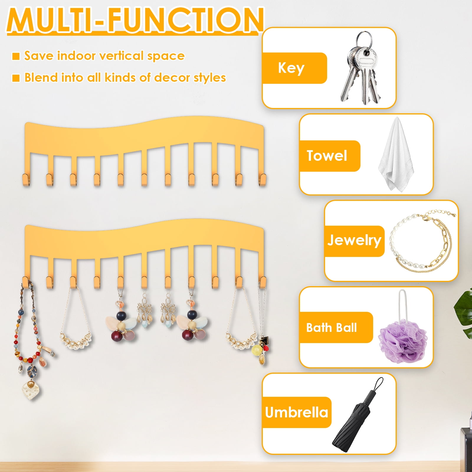 4 Pack Wave Style Wall Mounted Necklace Organizer Gold Metal Hanging Jewelry Storage Hooks Holder for Bracelets Keys Bedroom Closet