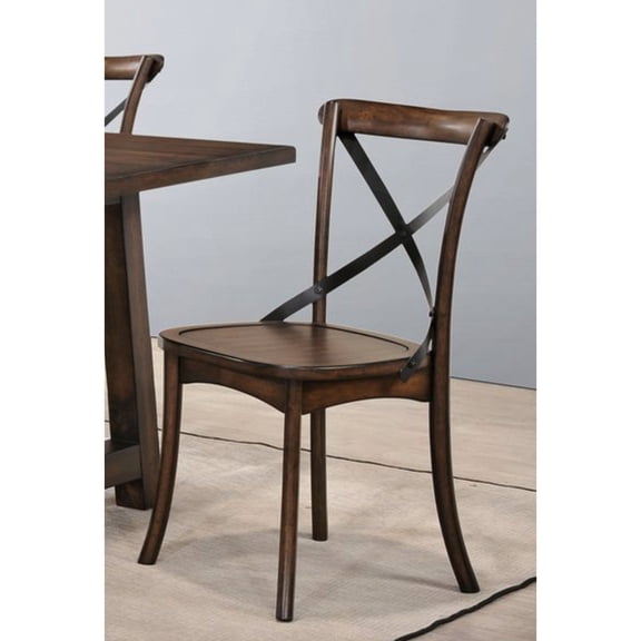 2pcs Dark Oak Side Chairs With Metal . Rustic Elegance. Wood Frame. Comfortable Seating. Flared Leg Support Black Accent - Industrial Style For Your Space