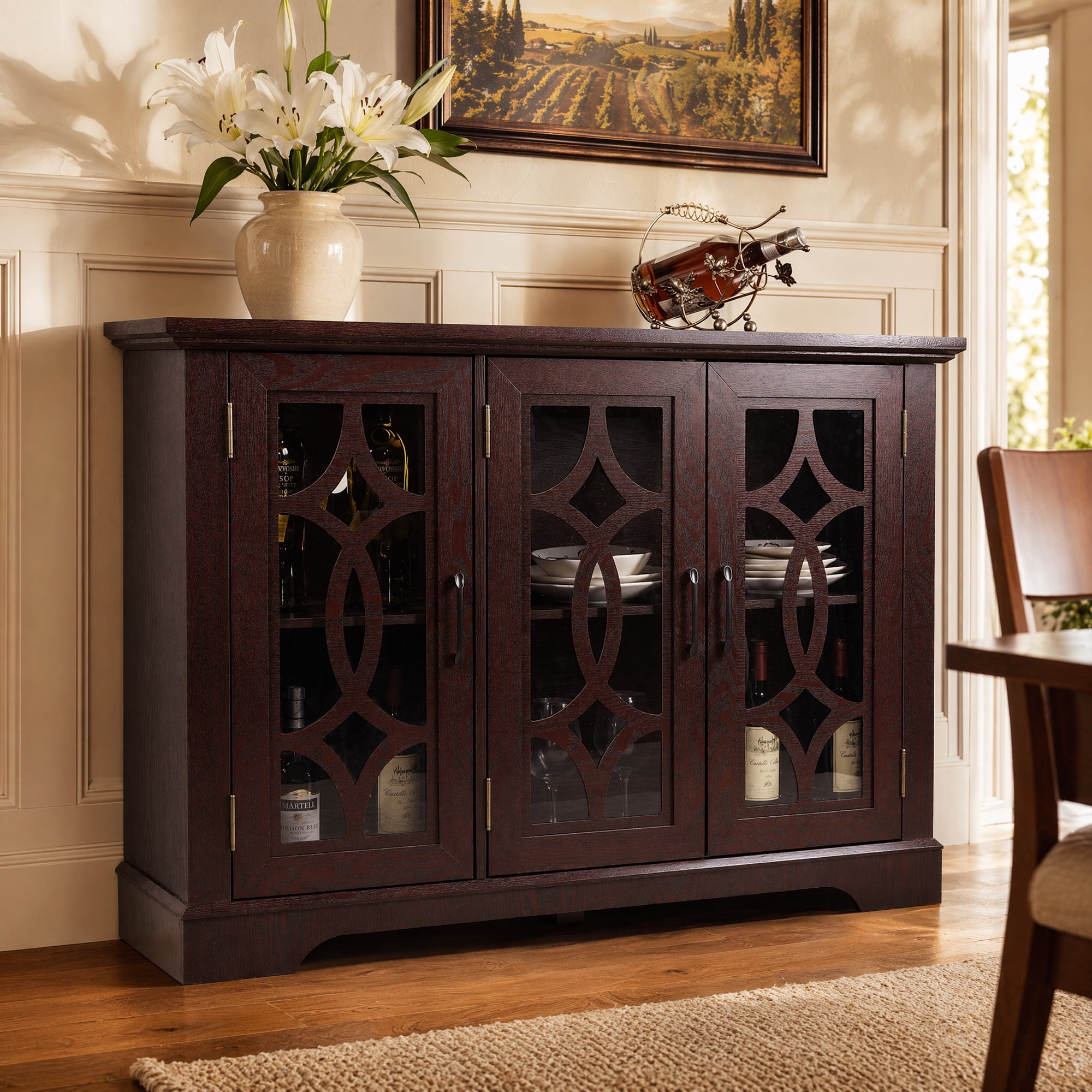 UZUGUL 3-Door Cherry Glass Sideboard, Diamond Pattern, Adjustable Shelves, Anti-Tip, for Dining Room Kitchen