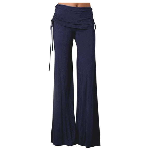 Timegard Plus Size Pants for Women Wide Leg Ruched Drawstring Flare Leggings Casual Comfy Trousers
