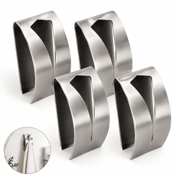 Kitchen Towel Holder, 4-Pack Self-Adhesive Stainless Steel Towel Hooks, Silver, No-Drill