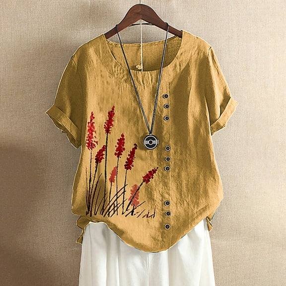 Shirts for Women Plus Size Short Sleeve Round Neck Flower Printing Loose Summer Casual T Shirts