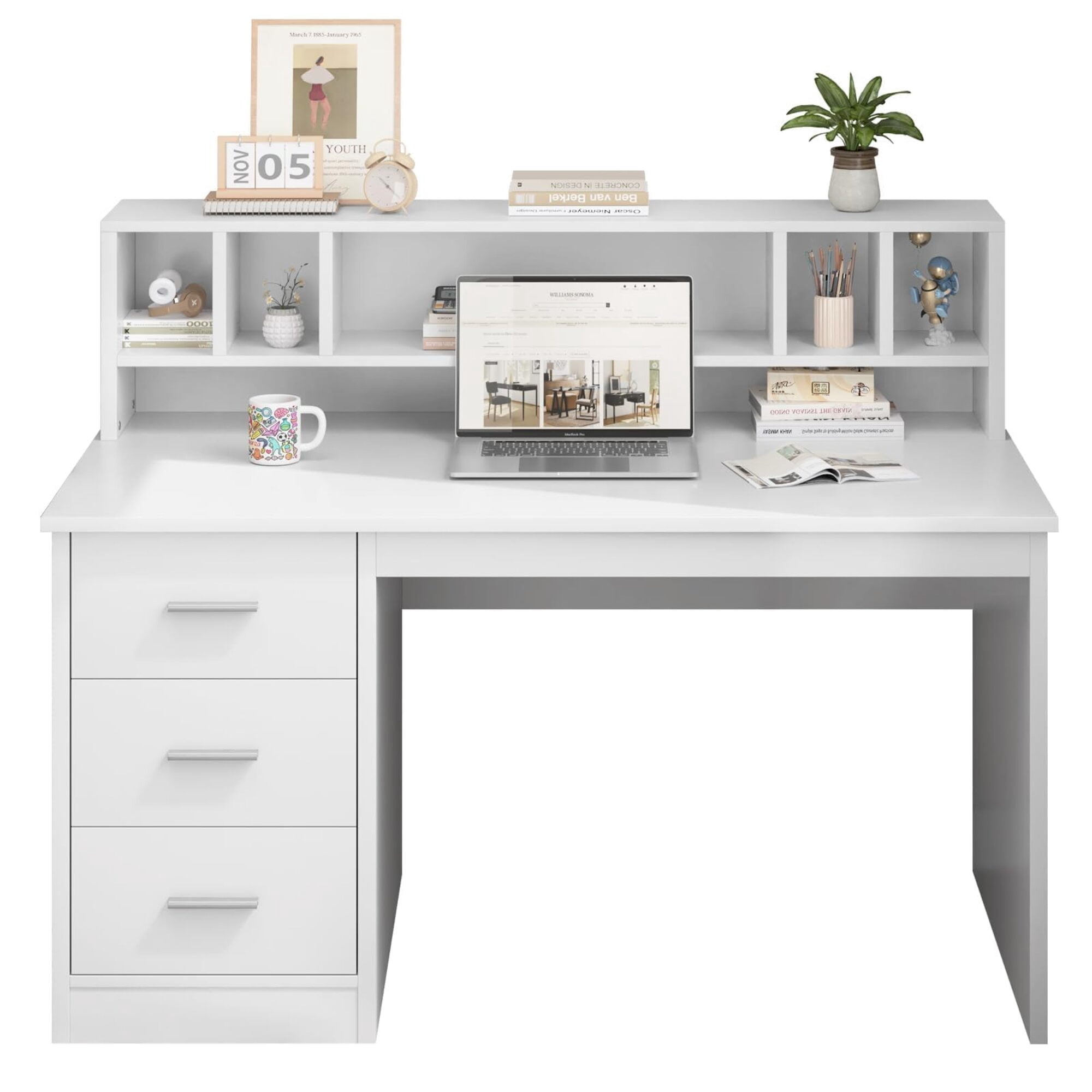 46-Inch Home Office Desk with Hutch & 3 Storage Drawers, White Finish, Small Space Writing Study Table for Home Office/Study Room