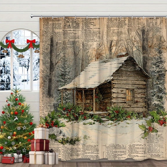 Vintage Newspaper Winter Snow Log Cabin Holly Berry Christmas Shower Curtain with Hooks, Holiday Rustic Bathroom Decor