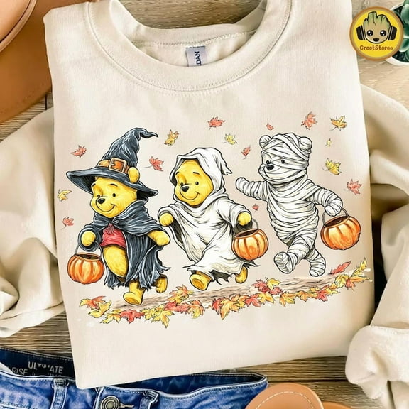 Retro Halloween Spooky Bear Sweatshirt, Cartoon Halloween Sweatshirt, Spooky Ghost Bear And Friends Sweatshirt, Trendy Cartoon Witch Honey Bear Halloween Sweatshirt