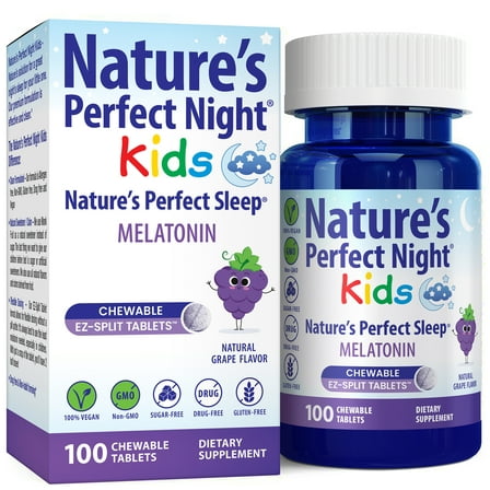 Nature’s Perfect Night Kids, Melatonin 1mg Supplement, 100 Chewable Tablets, Natural Grape Flavor