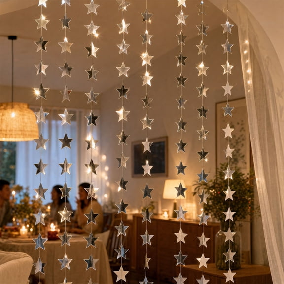 10Pcs Star Garland Pendant Silver 131.23 Feet Total Hanging Star Decoration Party Banner Garland Paper Bunting for Birthday Wedding,Glitter Star Garland