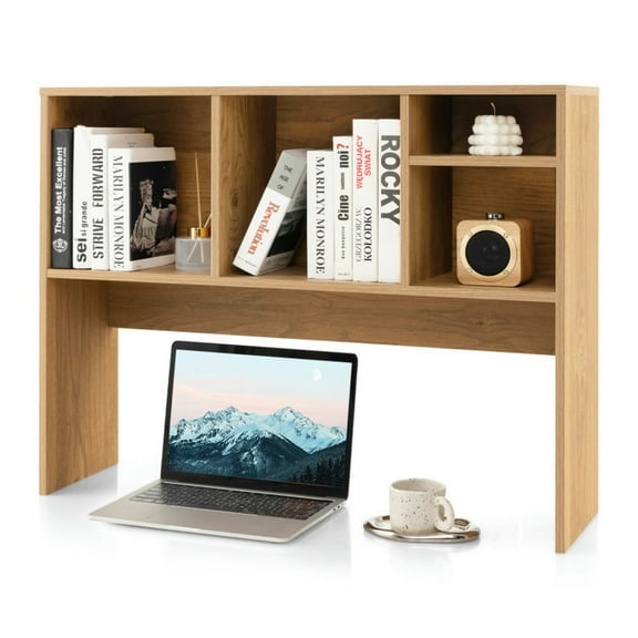 Spaco Computer Desktop Bookcase with 4 Cubbies and Open Back Compartment-Natural, Tall Bookshelf, Shelves for Living Room, Home Office, Bedroom, Balcony