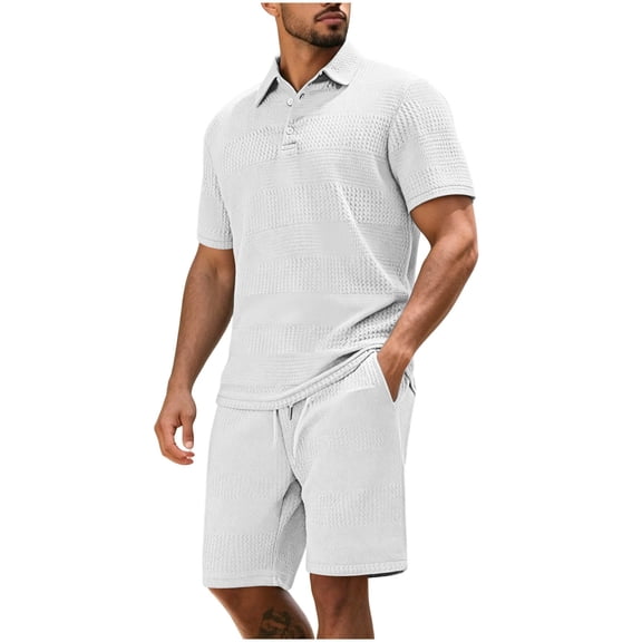 hotojiny Men's 2 Pieces Outfits Shirt and Shorts Set Breathable Solid Color Collared Golf Top Lightweight Matching Sweatsuit(White,X-Large)