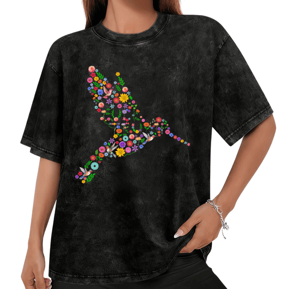Women Floral Hummingbird Graphic Tees T Shirt Tops Round neck Printed Cotton Washed T Shirt Black S-2XL Plus Size