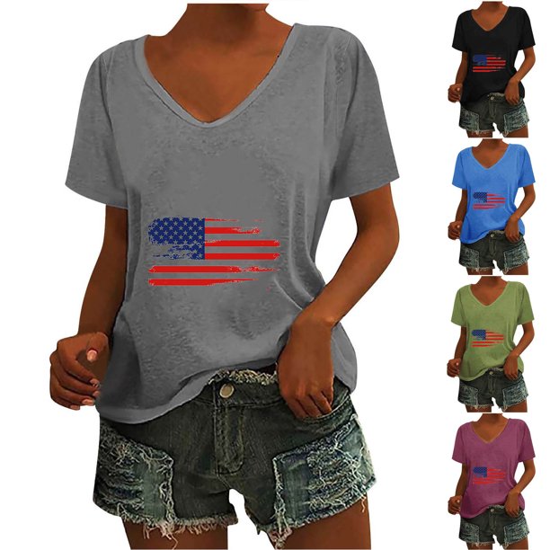 Fiudx Camisas para Mujer Camiseta de Cuello Redondo con Estampado Del Día de La Independencia Degradado de Manga Corta para Mujer