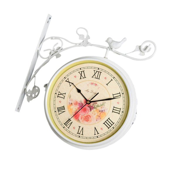 Xingzhi Wrought Iron Double Sided Antique Quiet Wall Hanging Clock White with Rose