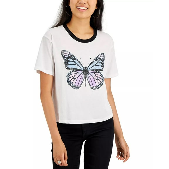 Rebellious One Juniors’ Butterfly-Graphic Ringer T-Shirt, White, XL