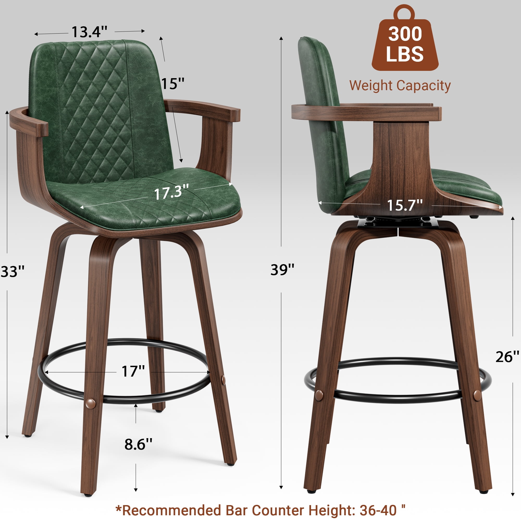 LainTene Bar Stools Set of 3, 26" Bentwood Barstools with Arms High Back, Mid-Century Modern Counter Height Swivel Bar Chairs for Kitchen Island