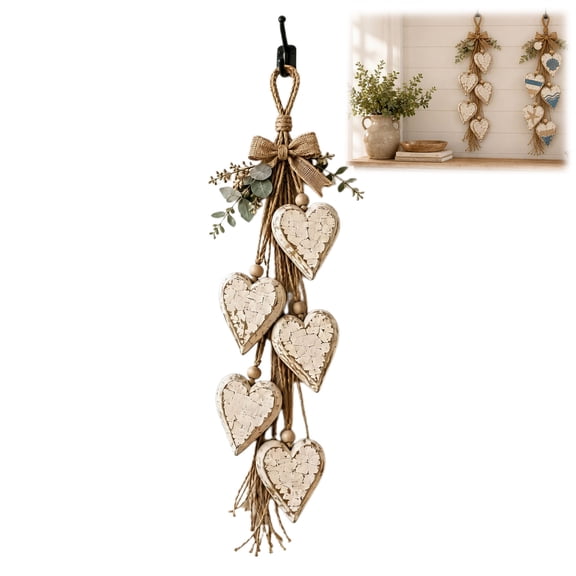 Hanging Heart Wall Decor, Rustic Farmhouse Hanging Heart Decoration with 5 Layer Wooden Hearts, Vintage Wood Hearts Trinket Shelf Hangings Art, Brown