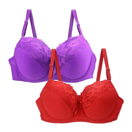 FUNUONY Women s Push Up Lace Bra Underwire Plunge Full Coverage Bras Padded 2Pack Women s Underwear Bra Lace Bra for Women Plus Size Light Blue 90D