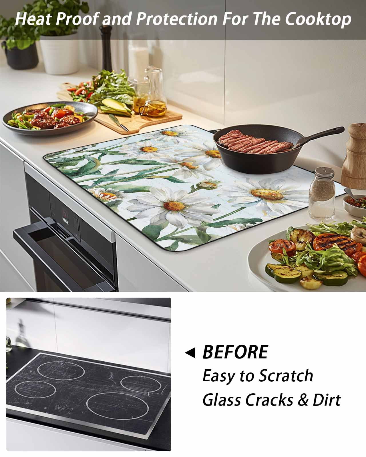 Stove Top Covers for Electric Stove, Spring Floral Glass Stovetop Cover Protector, Watercolor Summer Botanical White Daisy Induction Cooktop Protector Oven Mat for Kitchen Countertop 24"x21"