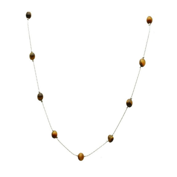 Sterling Silver 6mm Tiger Eye Stone Beads Station Italian Chain Necklace 16" 2" Extender