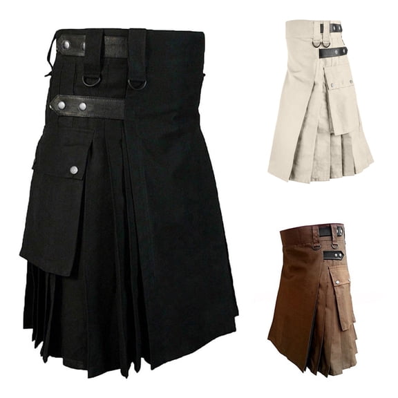 Men's Standard Tartan Utility Kilt, Vintage Kilt Scotland Gothic Modern Scottish Kilt for Everyday Wear, Work Kilts Adjustable Hip Straps with Pocket Size 5XL Khaki
