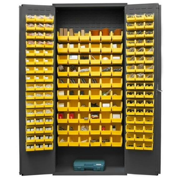 14 Gauge Flush Door Style Lockable Cabinet with 156 Yellow Hook on Bins, Gray - 36 in.